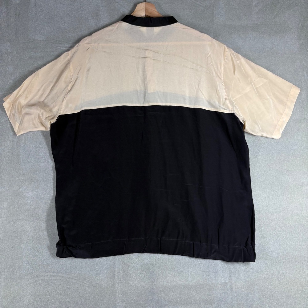 Genelli Vintage 100% Pure Silk Colorblock Band Collar Button Up Shirt XL Black - Picture 4 of 6